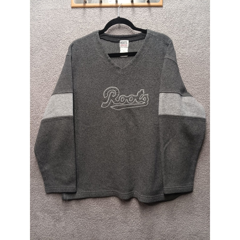 Roots Athletics Fleece Pullover Gray Logo V Neck Sweater Size XL Y2K‎